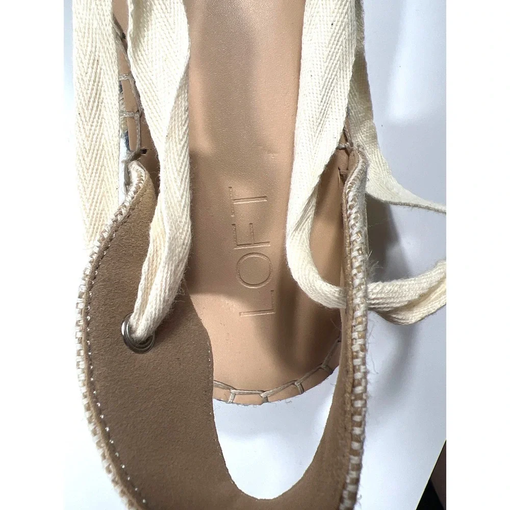 LOFT Denim Ankle Tie Espadrille Sandals Blue Tan Flat Summer Shoes Women 9M NWOT